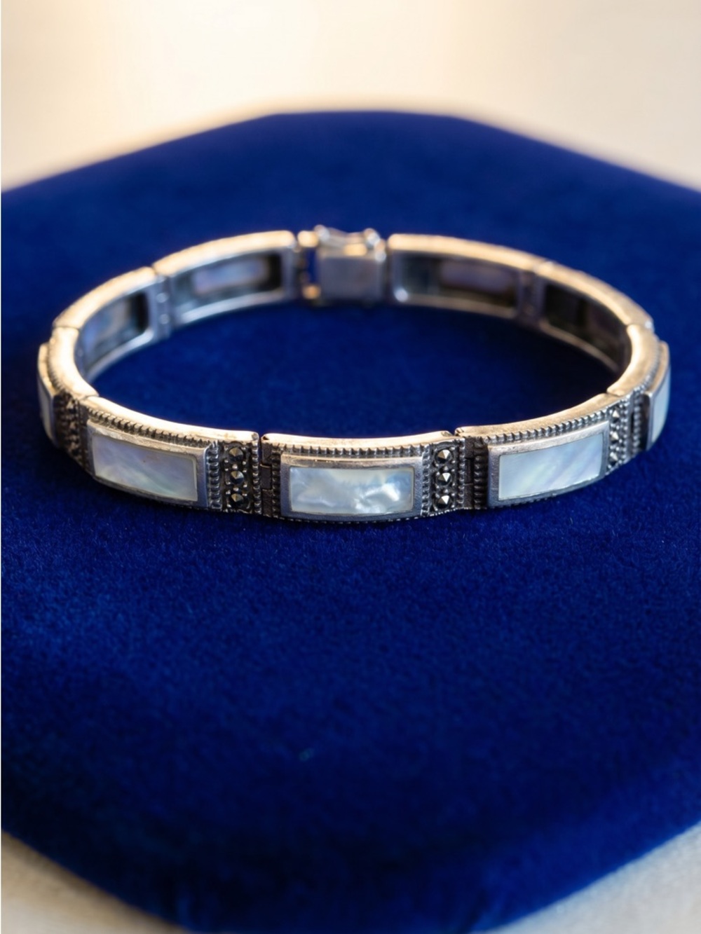 Art Deco Sterling Silver .925 Mother of Pearl & Marcasite Bracelet | Vintage